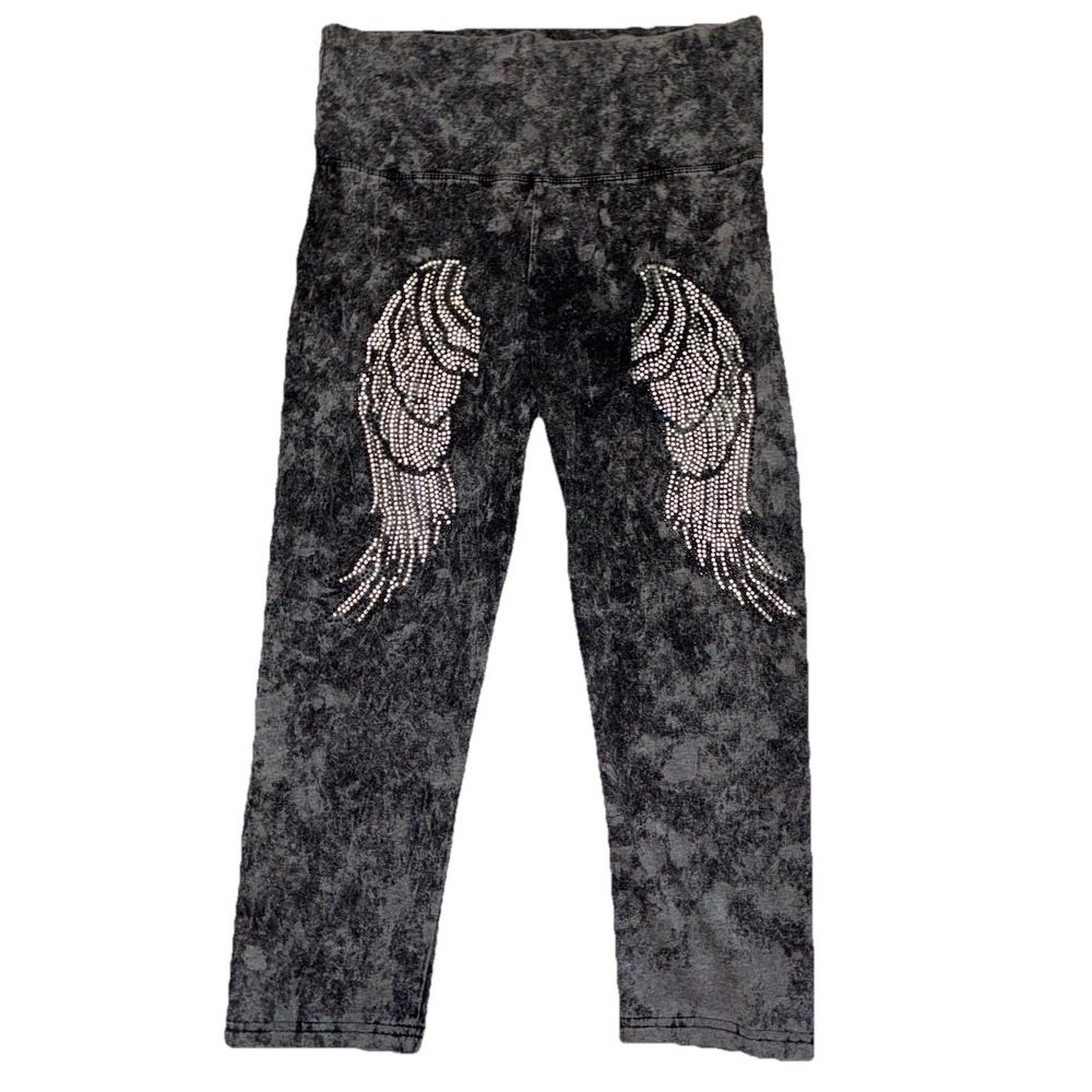 Vtg Paris Angel Crop Leggings L Mineral Dye Wings Rhinestones Fairy Bling Y2K